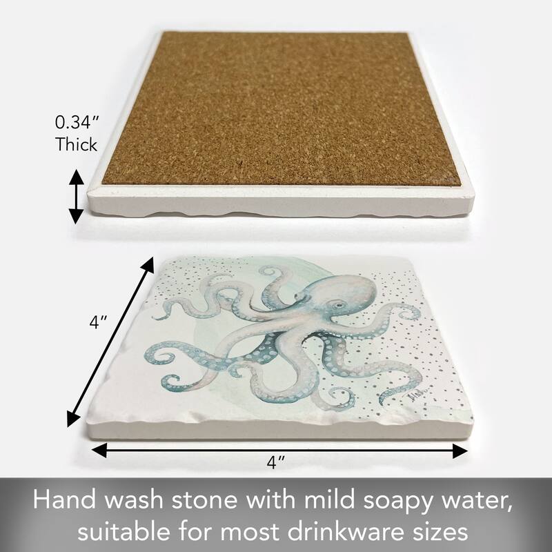 Octopus 4 Pack Absorbent Stone Coasters with Cork Backing 4" Square Made in The USA Absorbent Wipes Clean