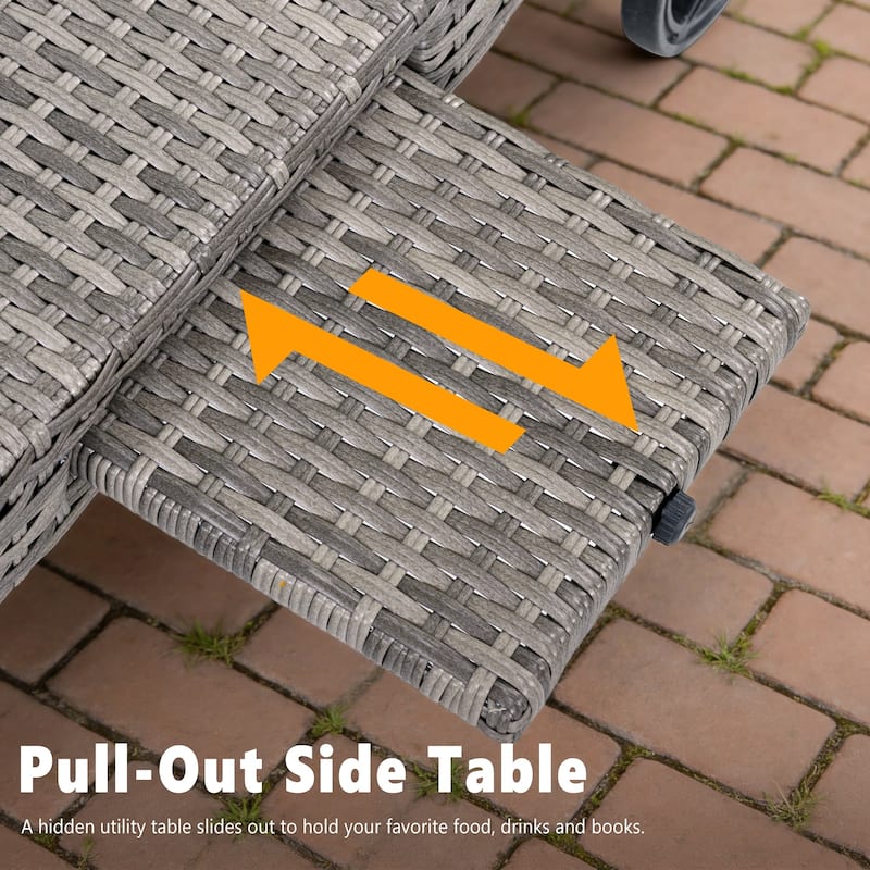 80"Patio Chaise Lounge Chairs Set of 2, Rattan Reclining Chair w/Rolling Wheels & Pull-out Side Table, Adjustable Backrest