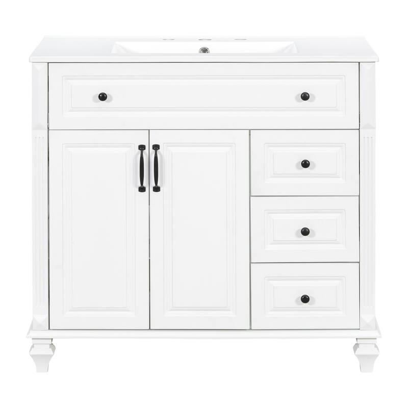 36" Bathroom Vanity with Sink - Solid Wood Cabinet with Flip Drawer, 3 Drawers & 2 Doors, Gold Handles, Modern Vanity