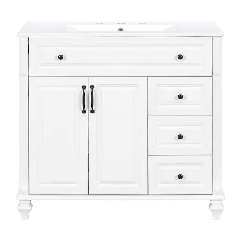Merax Solid Wood Bathroom Vanity with Sink, Flip Drawer, 3 Drawers & 2 Doors