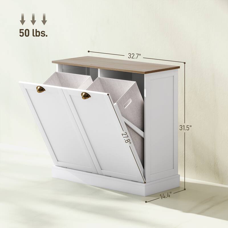White Dual Tilt Out Laundry Hamper Cabinet with Removable Baskets Shaker Style - 32.7" W x 14.4" D x 31.5" H