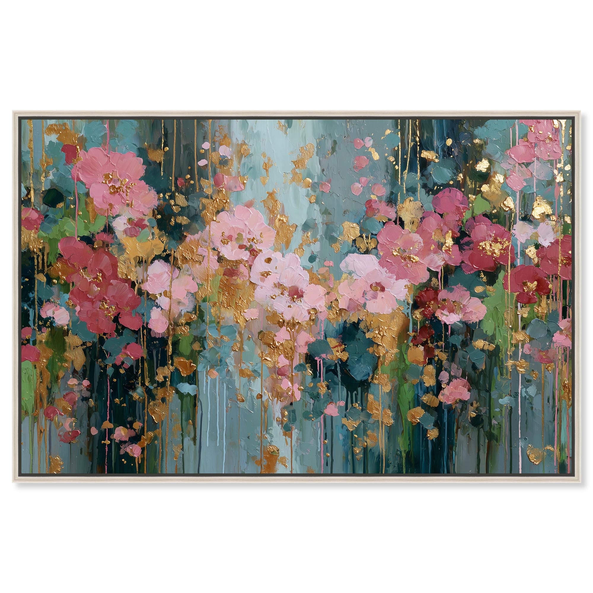 Golden Pollen Rain Pink Floral Art Framed Canvas Print by Art Remedy