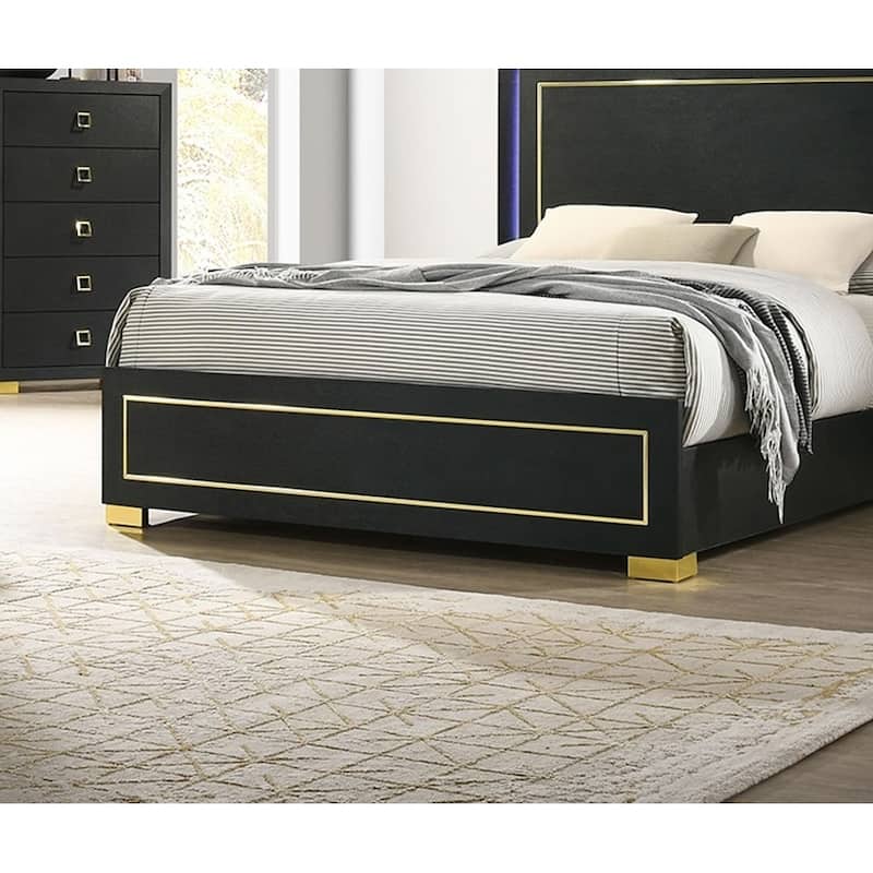 Queen Size Bed with LED Headboard, Black Finish, Gold Trim, Metal Legs