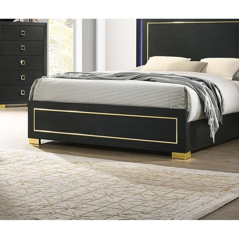 Queen Size Engineered Wood LED Platform Bed with Gold Trim and Metal Bracket Legs