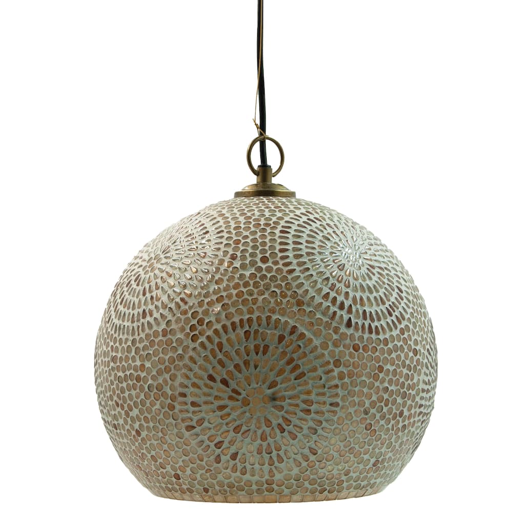 Glass Mosaic Pendant Lamp, 6' Cord, Antique Gold Finish and White - 12.0"L x 12.0"W x 12.5"H
