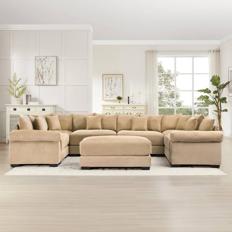 GDFStudio - Corduroy U-Shaped 6-Seater 137.7" Cloud Modular Sectional Couch with Ottoman