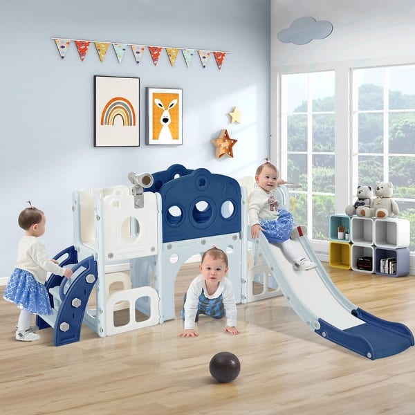 slide 2 of 39, 7-in-1 Toddler Slide Set - Spaceship Playset with Slide, Arch Tunnel, Basketball Hoop, and Toy Storage Blue