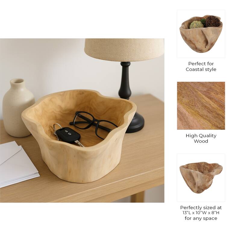 Rustic Teak Wood Hand-Carved Decorative Bowl Home Accent - 13" Brown - 13.0"