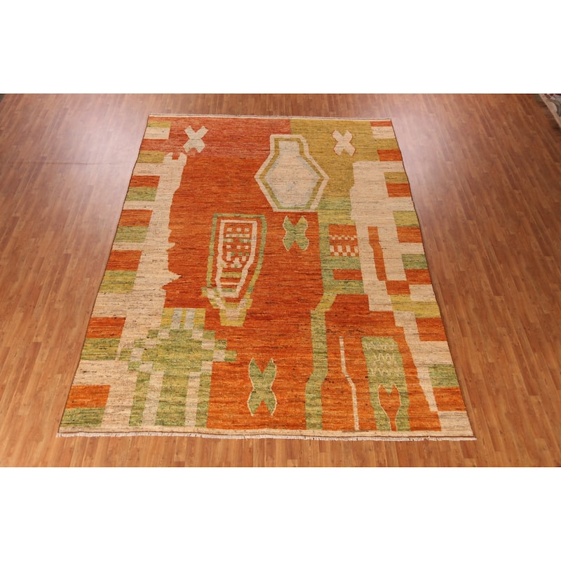 Orange Geometric Moroccan Oriental Large Rug Handmade Wool Carpet - 10'4" x 13'8"
