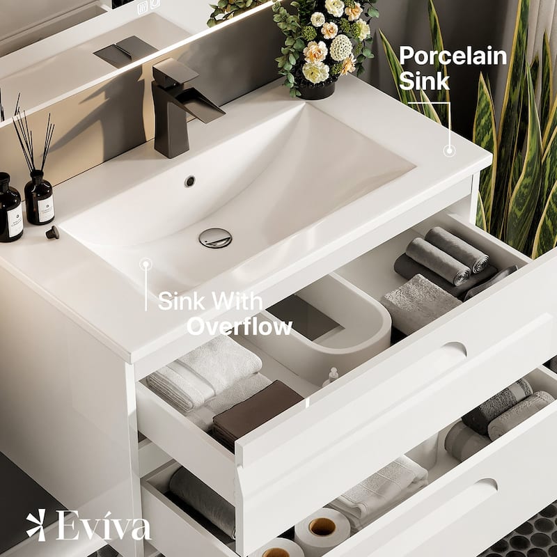 Eviva Joyous 39"W WH SS Wall Mount Bath Vanity with Porcelain Top