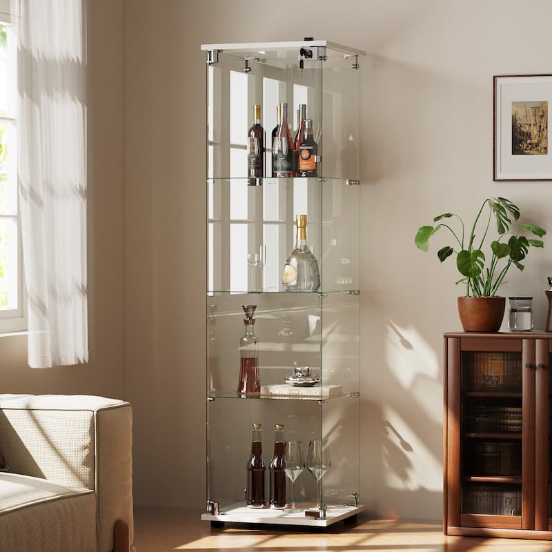 4-Shelf Glass Display Cabinet with Lock, 64"H Freestanding Curio Display Showcase for Collectibles - 16"W x 64“H - White Top