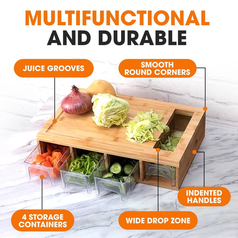 Cheer Collection Bamboo Cutting Board with 4 Removable Storage Trays