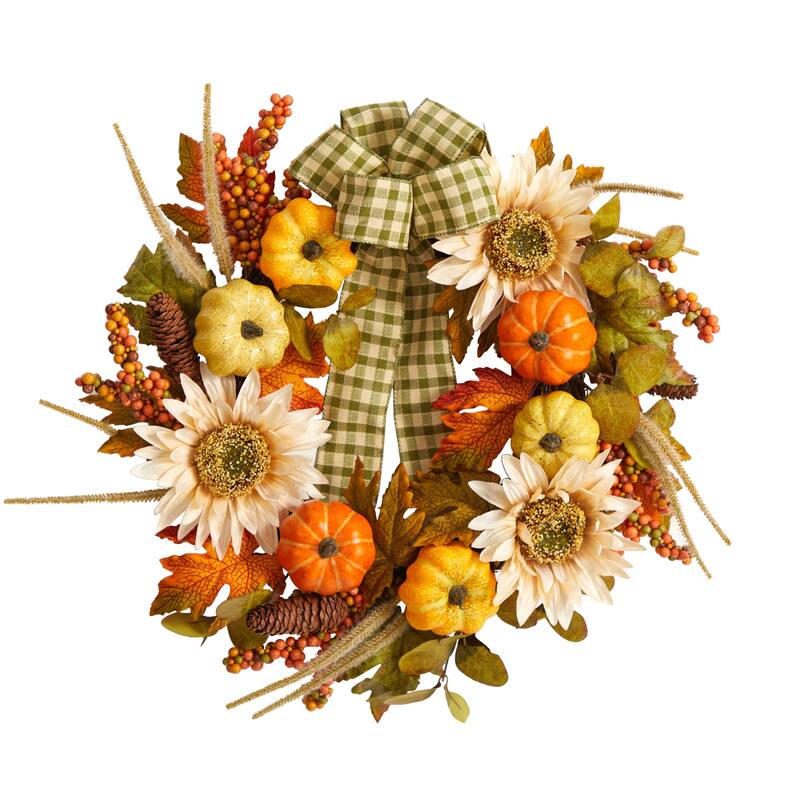 Sunflowers & Pumpkins Artificial Fall Harvest Wreath Ribbon, 24-Inch