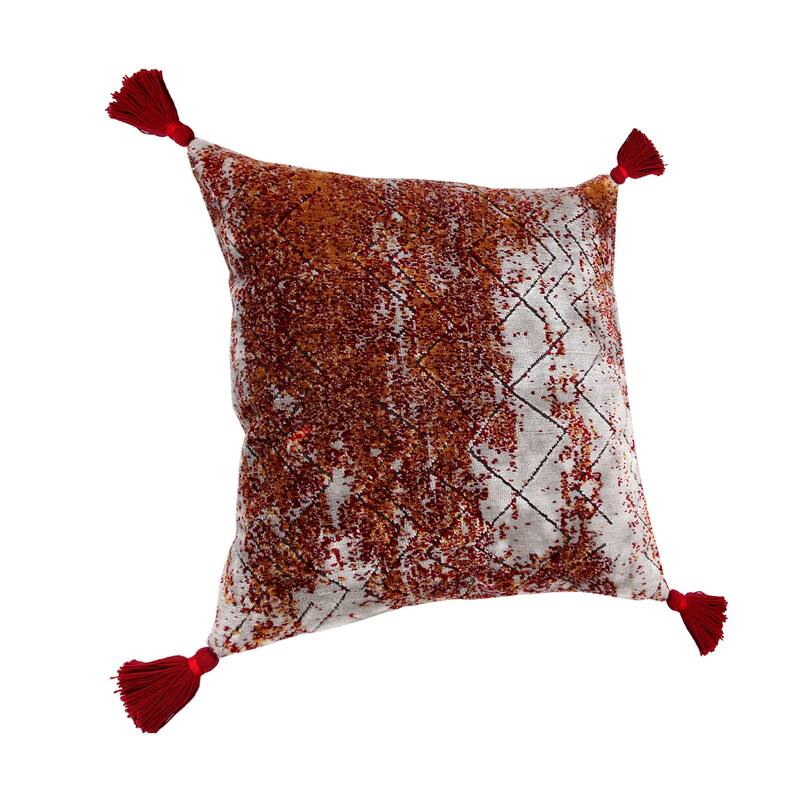 18" Red And Silver Abstract Geometric Viscose Throw Pillow Cover with Tassels