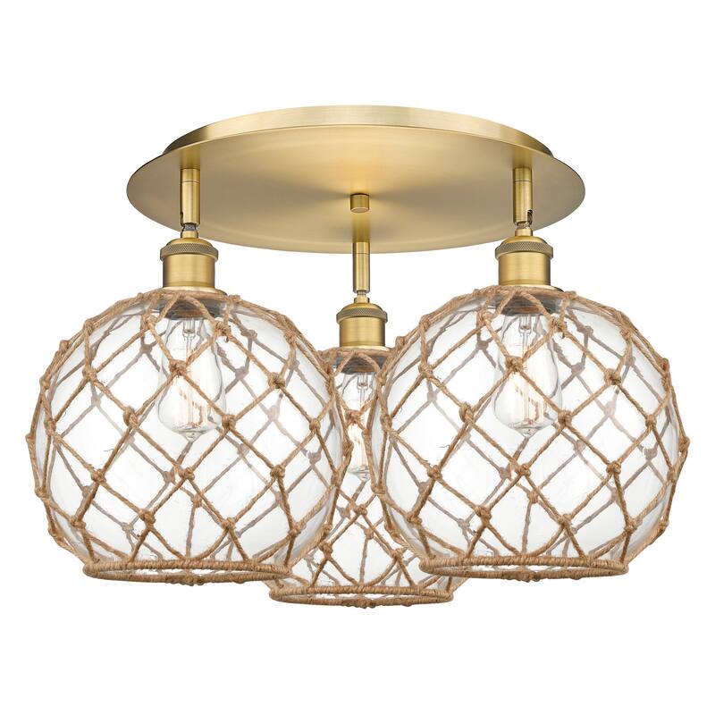 Innovations Lighting Endless Possibilities Ballston - Farmhouse Rope - 3 Light 22" Flush Mount - Brushed Brass/Clear Glass with Brown Rope