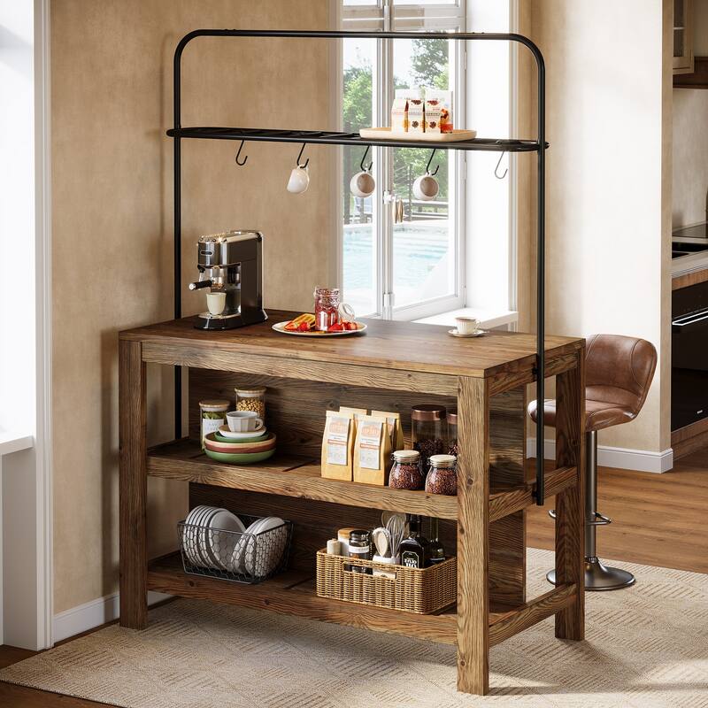 47 Inch Farmhouse Solid Wood Kitchen Island with Storage and 5 Hooks - 23.62" D x 47.24" W x 70.08" H