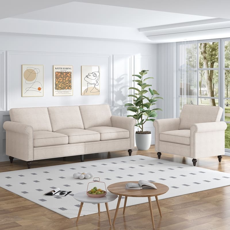 Mixoy 2 Piece Living Room Sofa Set with Rivet Design,Linen 3-Seater Sofa Couch,Loveseat Sofa/Single Sofa Chair - 3+1 - Beige-3+1