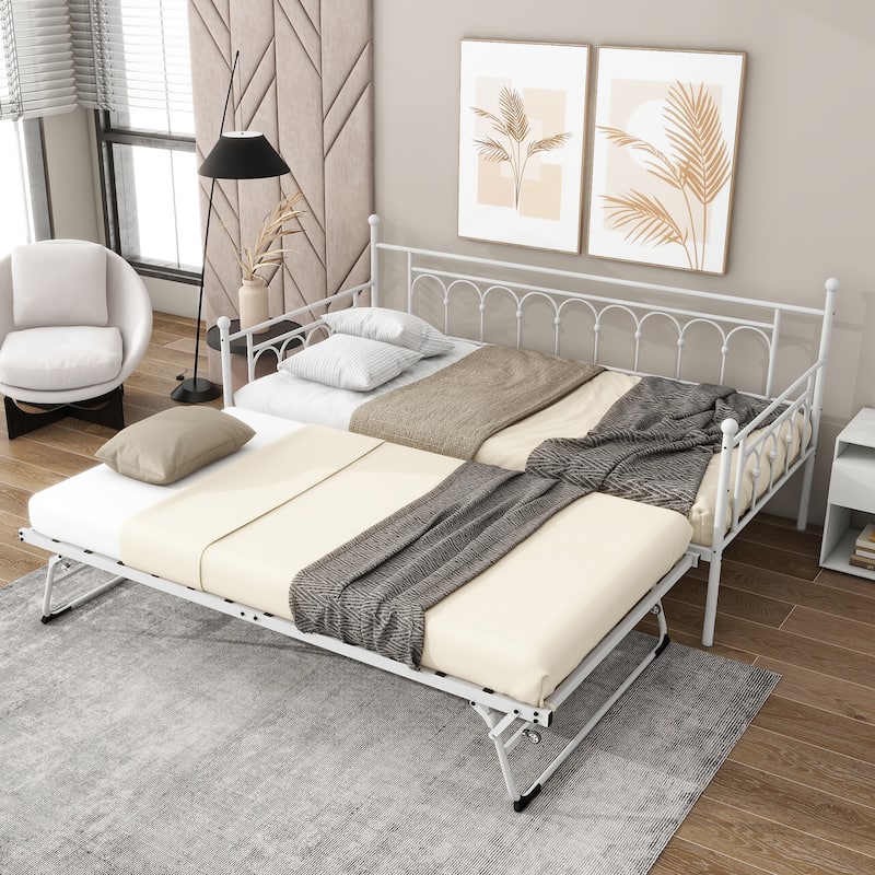 Metal Twin DayBed with Trundle Bed Twin for Adults,Space-Saving Bed - White - Twin