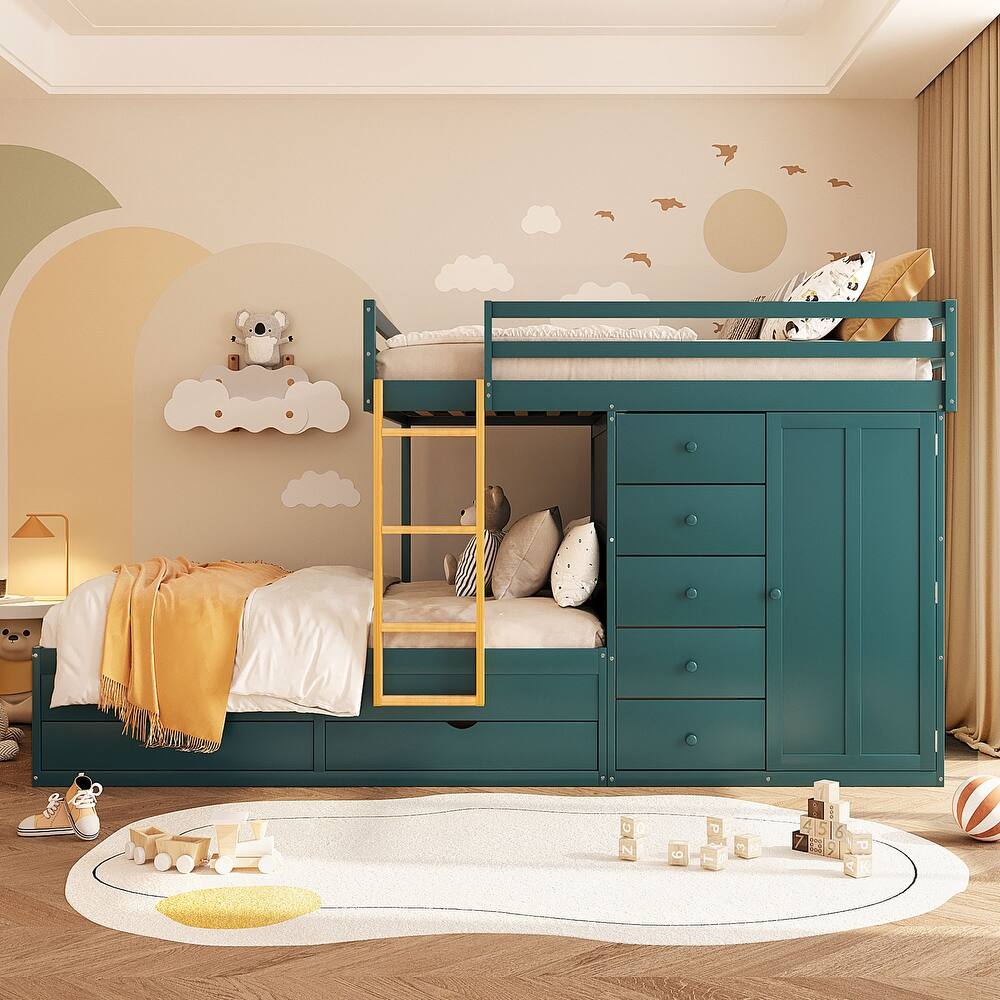 Full Size Bunk Bed with Storage - 2 Large & 5 Small Drawers, Small Wardrobe, MDF & Solid Wood