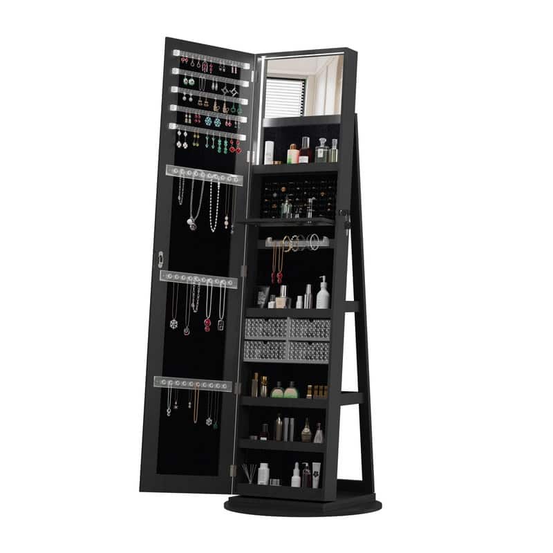 360° Rotating Lockable Jewelry Cabinet Armoires with Full Length Mirror