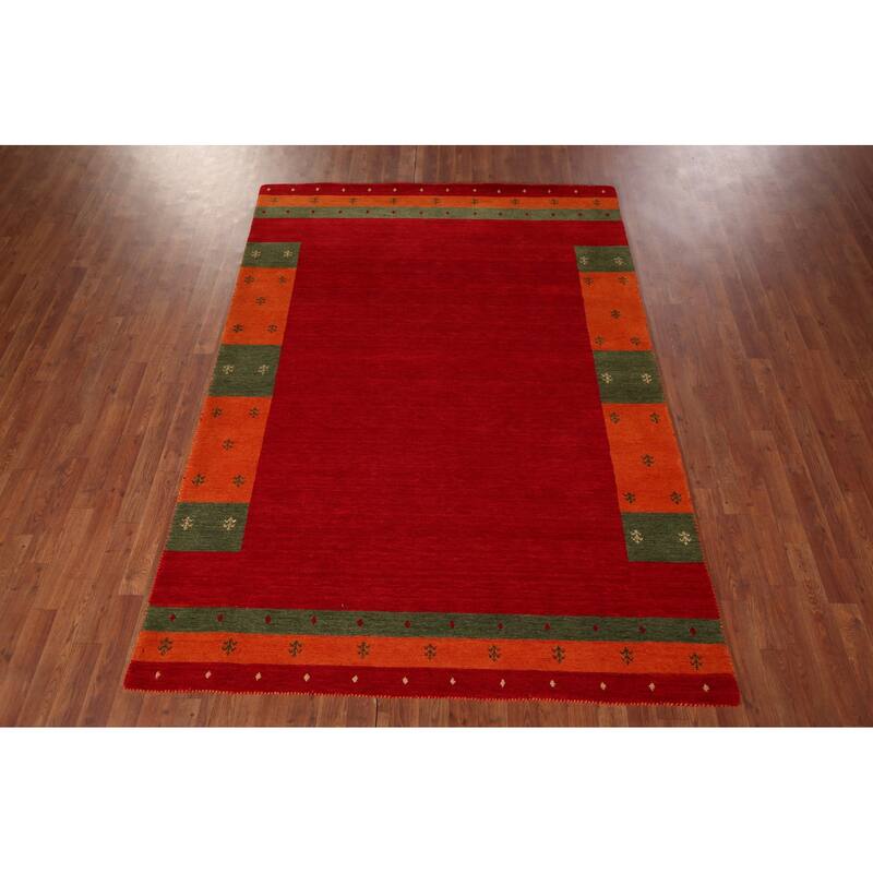 Red Gabbeh Oriental Area Rug Hand-Knotted Wool Carpet - 5'9"x 7'11"