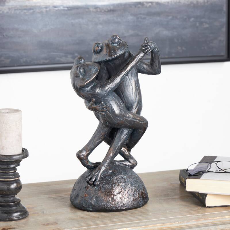 Bronze Resin Patina Dancing Frog Decorative Sculpture with Rock Base