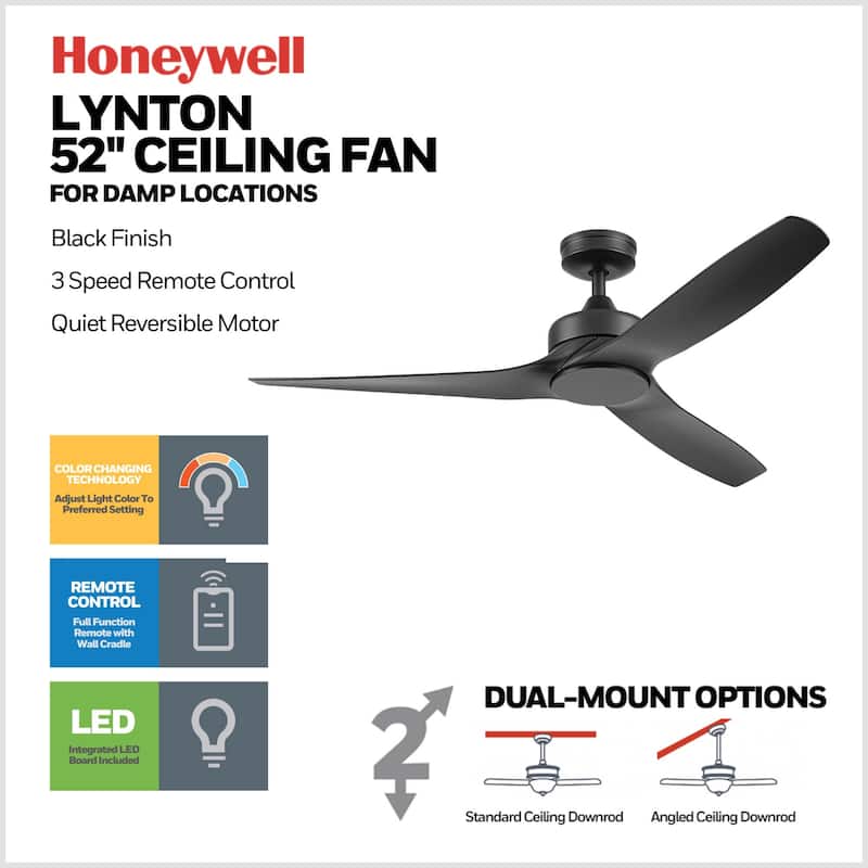52" Honeywell Lynton Indoor/Outdoor Ceiling Fan with Color Changing LED Light, Remote Control, High Performance Blades