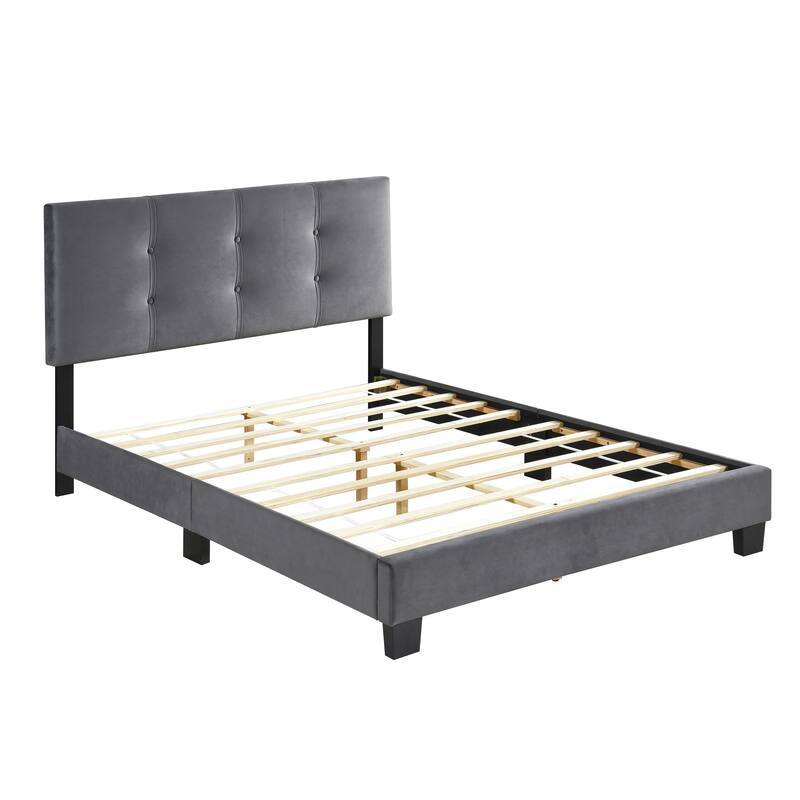 Dark Gray Velvet Upholstered Full Platform Bed with Adjustable Height Headboard