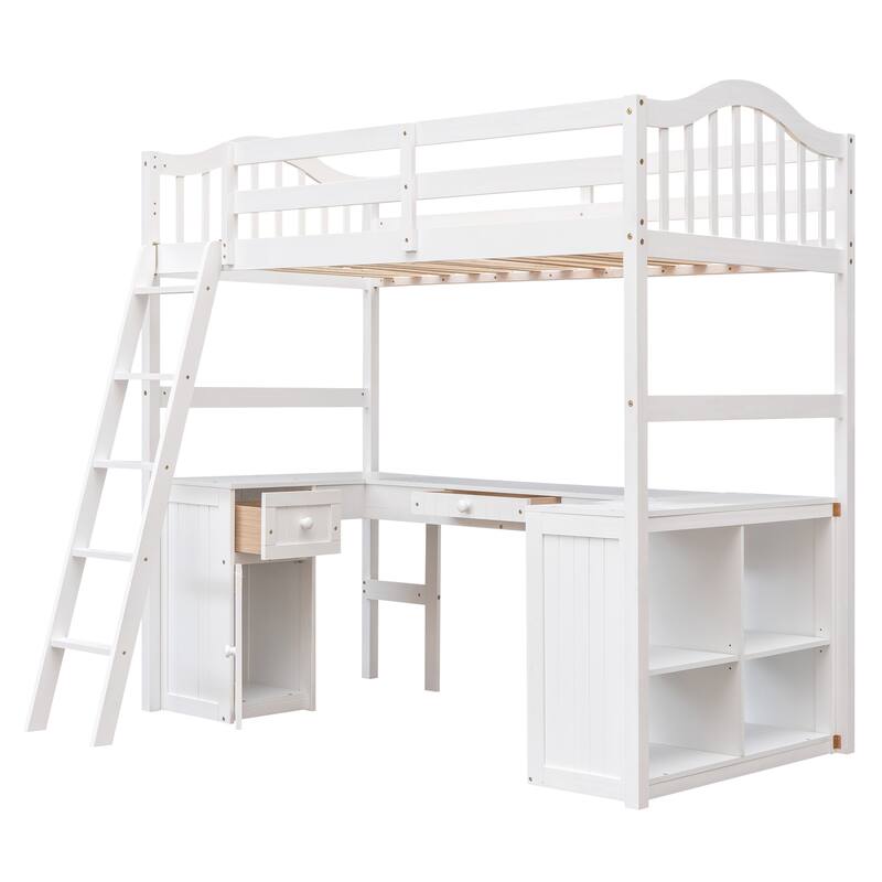 Twin Size Wooden Loft Bed with Desk, 2 Drawers, Cabinet, 4 Shelves, Full-Length Guardrail
