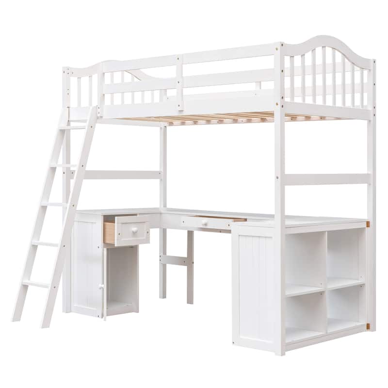 Twin size Loft Bed with Drawers, Cabinet, Shelves and Desk, Wooden Loft Bed with Desk