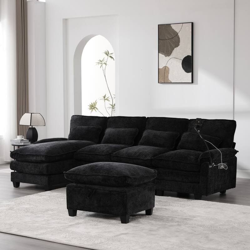 106.69" Modular U-shaped Sectional Sofa with Chaise Lounge and Ottoman, Pillows