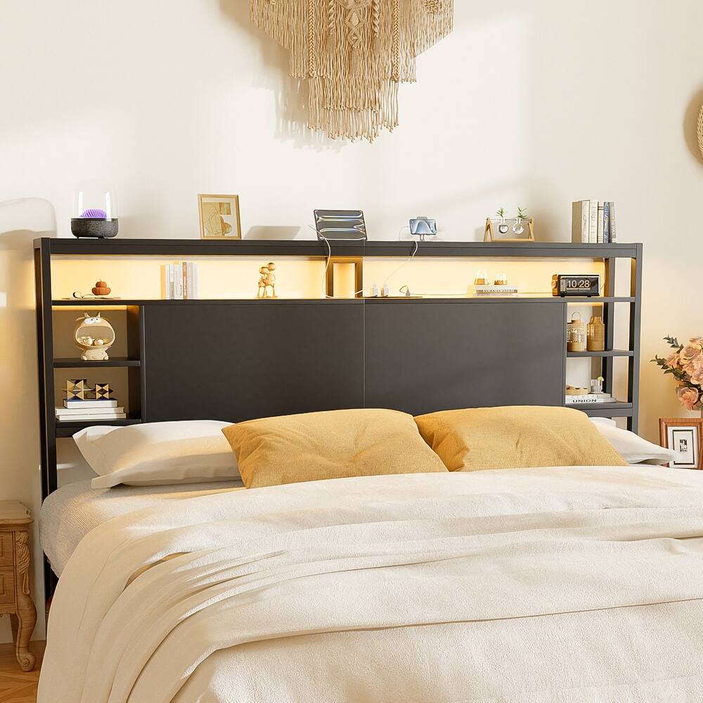 Headboards with Storage Shelves, Head Board with Power Outlet and LED Light for Bed Frame