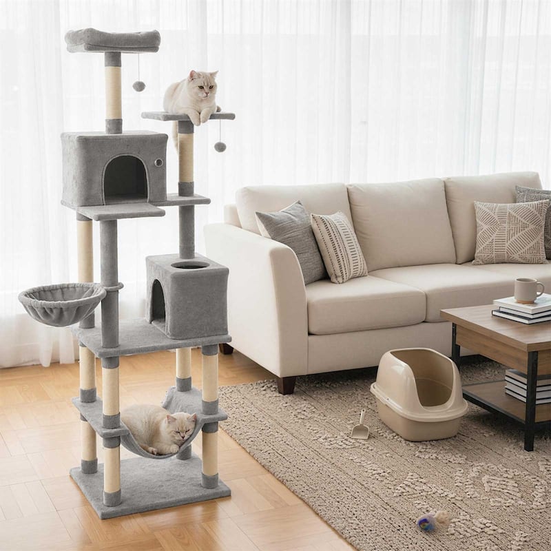 Gymax 80'' Tall Cat Tree w/2 Condos Sisal Scratching Posts Plush Perch