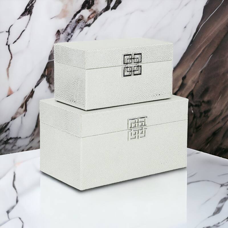 Galena White Shagreen Double Happiness Storage box Set of 2 - W: 11.75" x D: 6.75" x H: 6.75" - Multi-Color