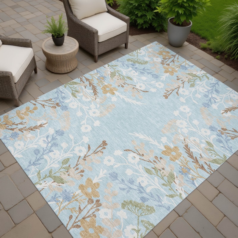 Machine Washable Indoor/ Outdoor Floral Border Chantille Rug - Sky - 5' x 7'6"