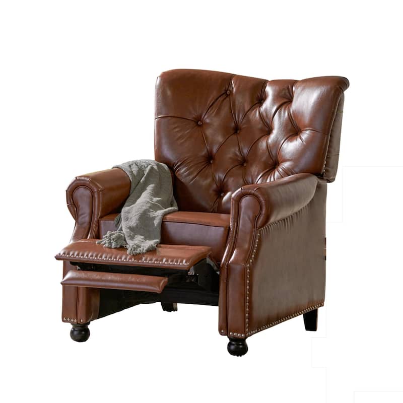 Recliner Chair, Turned Legs, Light Brown Button Tufted Faux Leather