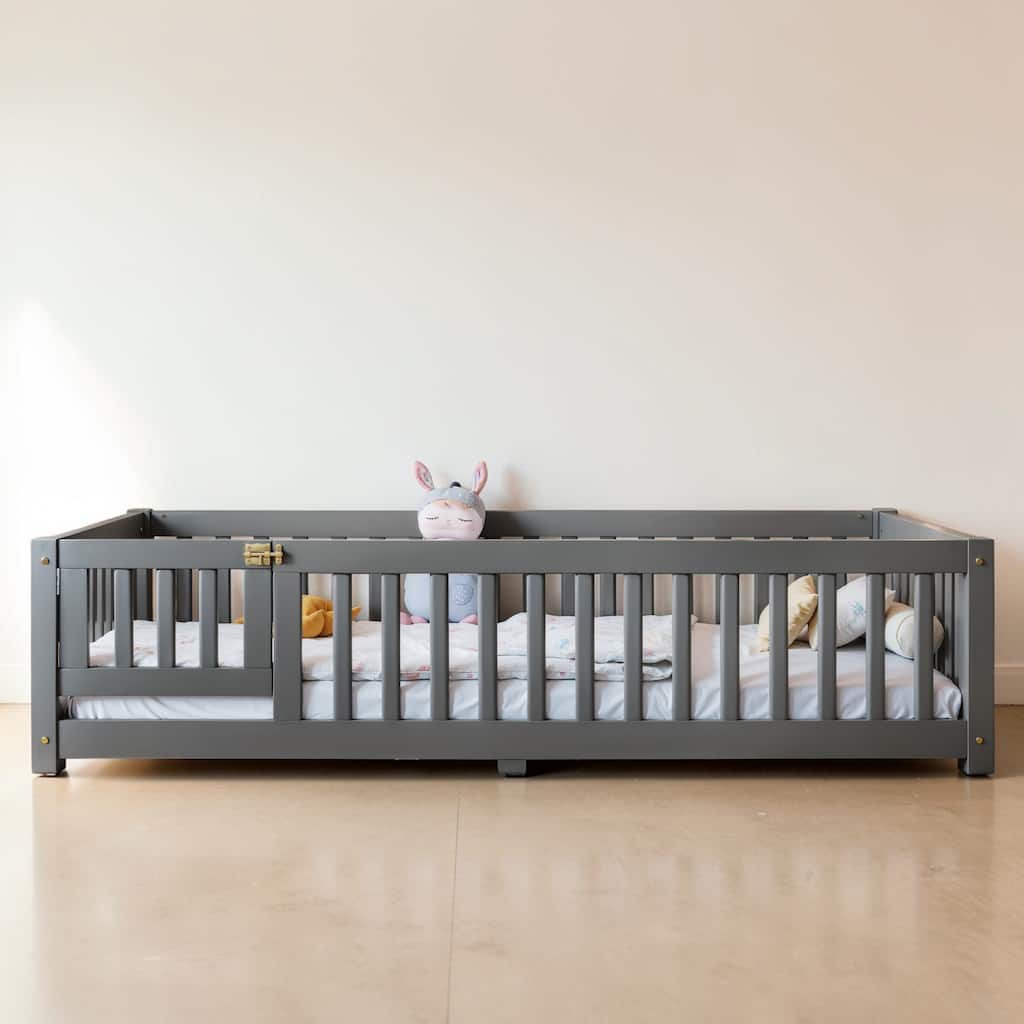 Twin/Full/Queen Size Wood Floor Bed with Door and Guardrails for Kids, Montessori Bed with Removable Slats