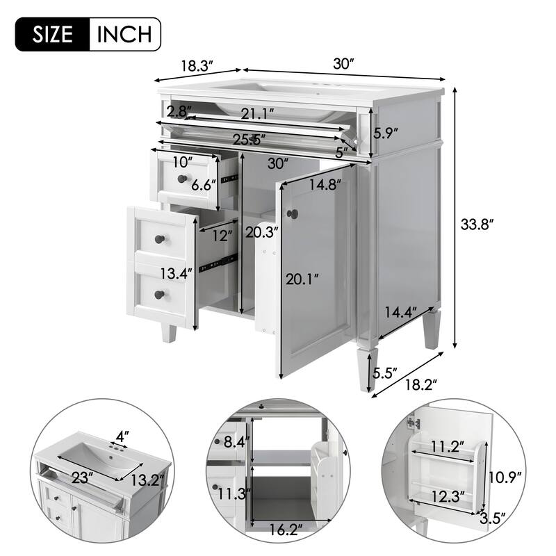 30-Inch Modern Bathroom Vanity with Ceramic Sink, 3 Drawers, Storage Cabinet, and Soft-Close Doors