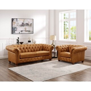 Hydeline Kingston Top Grain Leather Chesterfield Sofa And Chair Set With Feather Memory Foam And Springs