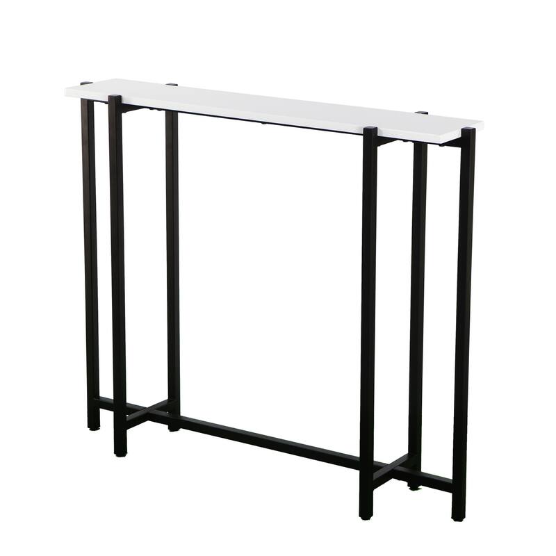 White Wood Black Metal Console Table Rectangular Frame Base Glossy - 36" L x 8" W x 29.75" H
