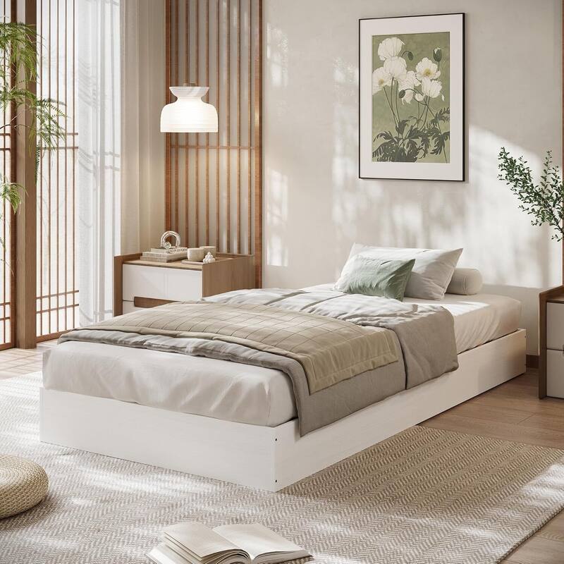 Space-Saving Sturdy Floor-Standing Platform Bed Frame, No Box Spring Needed, White - Twin XL