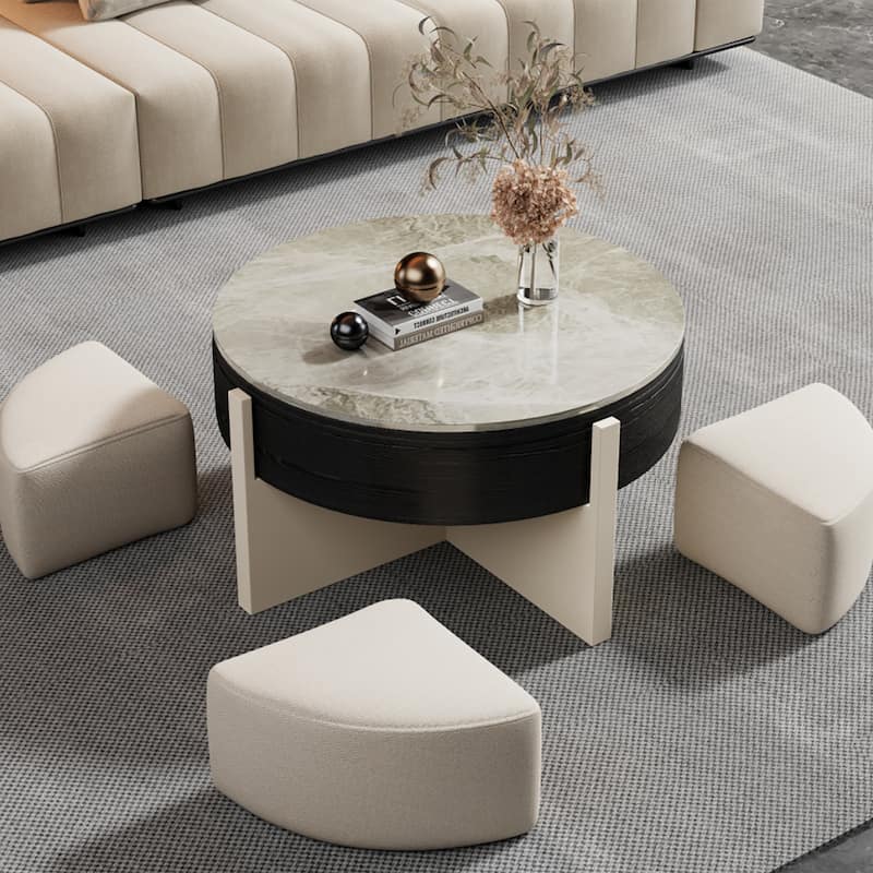 31.5" Modern Coffee Table, Lift Top Coffee Table with 3 Ottomans, Black - 31.5" X 31.5"