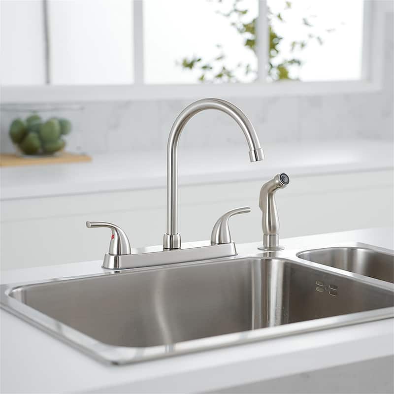 Bridge Kitchen Faucet with Side Sprayer Brass Double Handle Commercial Bridge Kitchen Sink Faucets 4 Holes