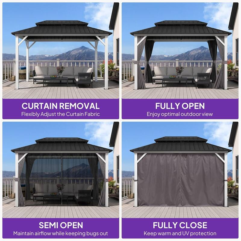 PURPLE LEAF Patio Hardtop Gazebo for Outdoor Grey Galvanized Steel Double Roof White Aluminum Poles
