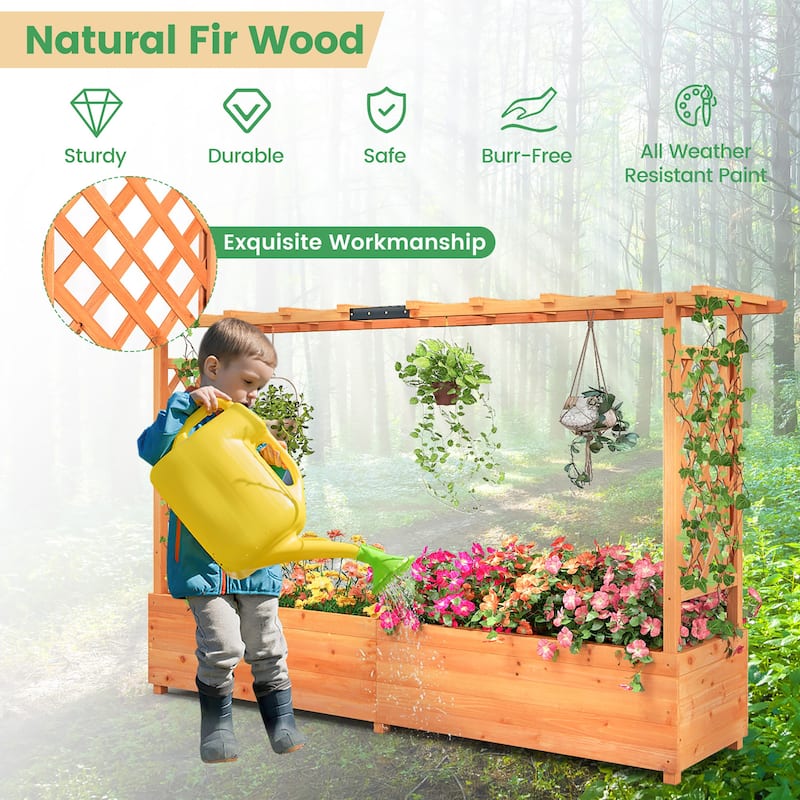 Gymax Raised Garden Bed w/ 2-Sided Trellis & Hanging Roof Fir Wood