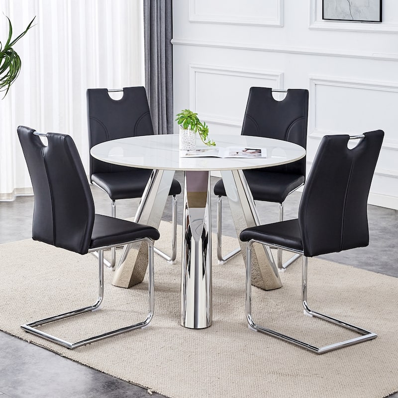 42" Sintered Stone Dining Set,4 PU Upholstered Chairs Modern Luxury Round Table - Black