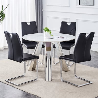 42" Sintered Stone Dining Set Brushed Silver Steel Base 4 PU Upholstered Chairs Modern Luxury Round Table Collection