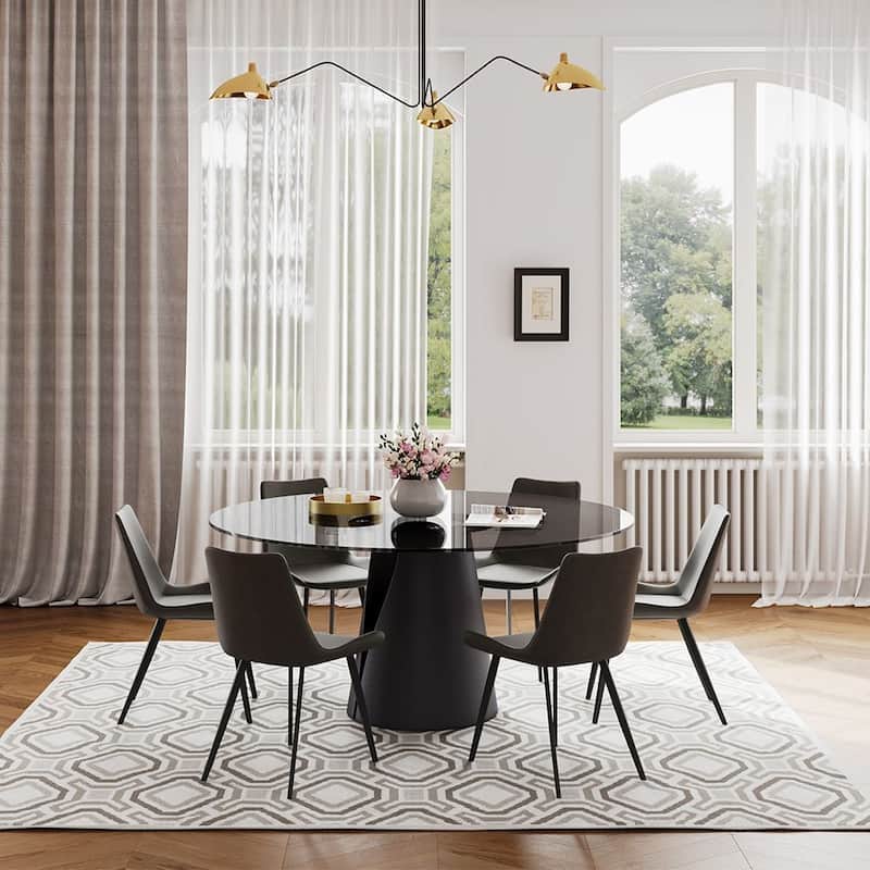 Modern Round White Dining Table，Sintered Stone Tabletop, Solid Black Carbon Steel Base