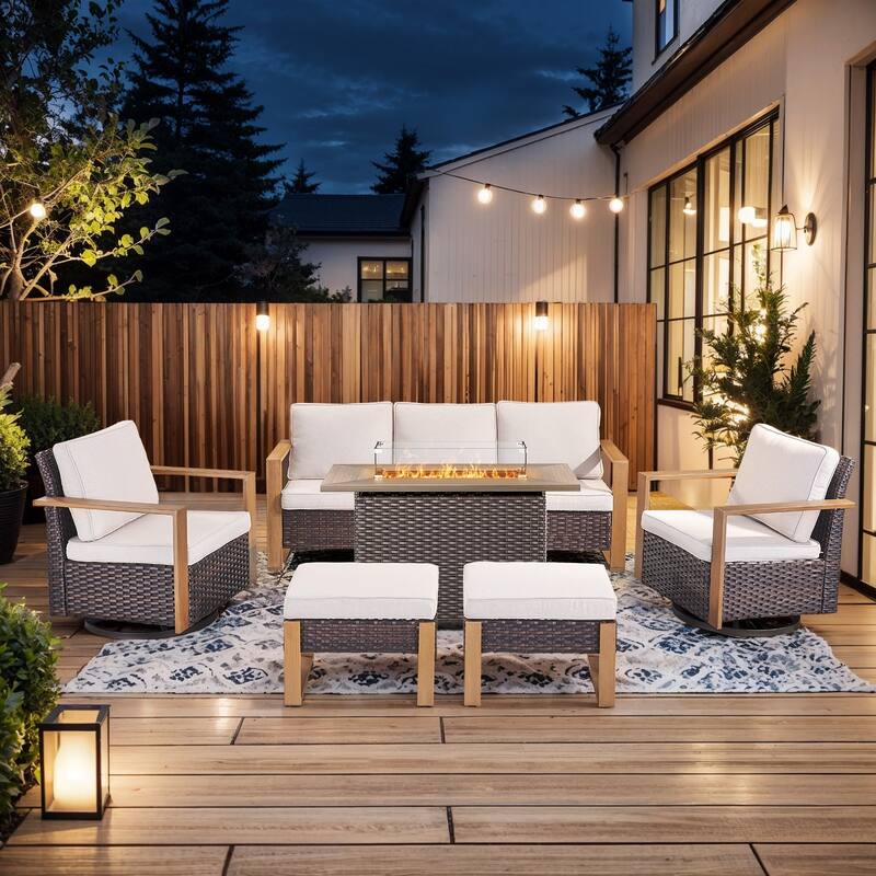 Pocassy Fire Pit Table with Outdoor Sofa Chair Ottoman Set - Brown Wicker Beige Cushion - 6-Piece Sofa Swivel Chair Ottoman with Fire Table