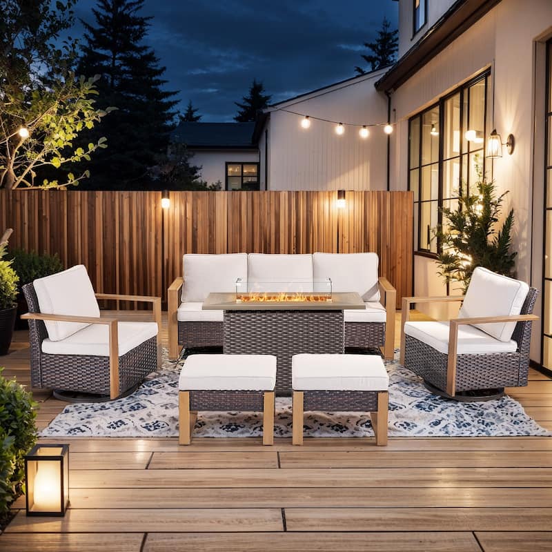 Pocassy Outdoor Wicker Sofa Swivel Chair with Fire Table Set - Brown Wicker Beige Cushion - 6-Piece Sofa Swivel Chair Ottoman with Fire Table